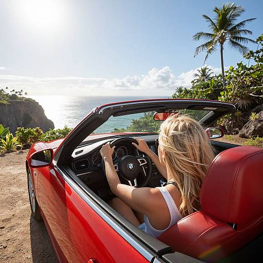 Photograph of a blonde woman in a white tank top driving a red convertible on a sunny coastal road with palm trees and ocean view in the background.
