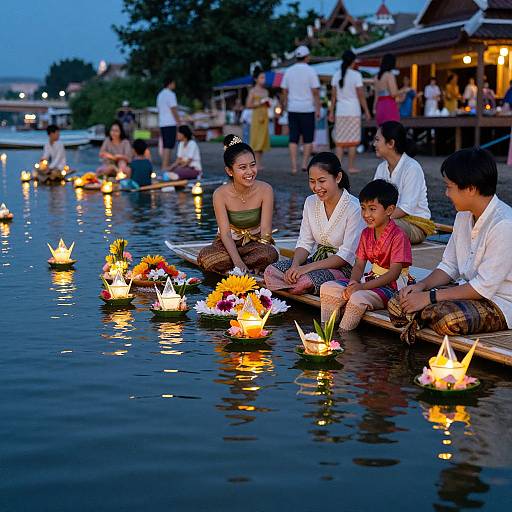 Photograph of a serene evening scene with Asian family members in traditional attire, sitting in a boat, lighting floating flower lanterns on a calm river,