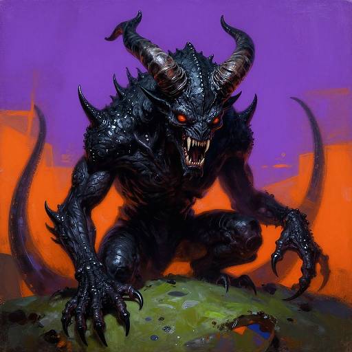 Digital artwork of a fierce, black, demon-like creature with glowing red eyes, sharp teeth, large curved horns, and clawed hands, crou