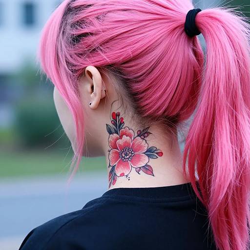 Photograph of a woman with bright pink hair in a ponytail, facing away, showing a colorful floral tattoo on her neck. Wearing a black