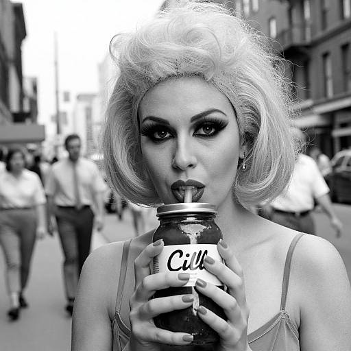 Black-and-white photograph of a pale-skinned woman with platinum blonde, voluminous hair, heavy makeup, drinking from a 