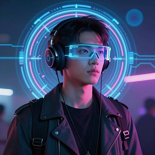 Futuristic Cyberpunk Man with Neon Glasses and Headphones