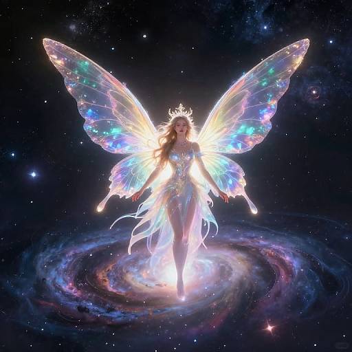 Digital illustration of a glowing, ethereal fairy with iridescent wings, standing on a cosmic spiral galaxy, surrounded by stars.