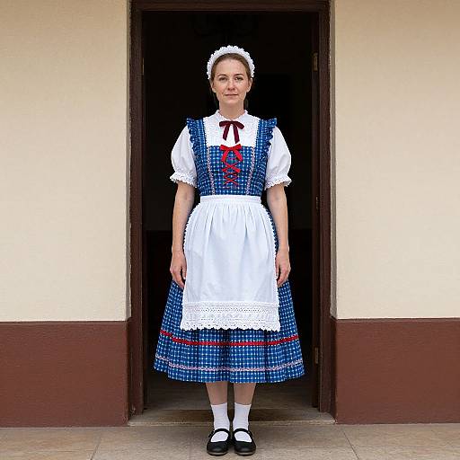 Photograph of a woman in a traditional blue and white maid dress with red ribbon, white apron, and headband, standing in a doorway.