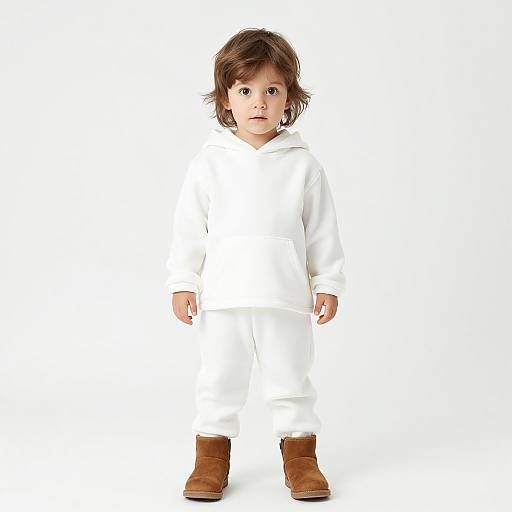 Photograph of a young boy with brown hair, wearing a white hoodie, white pants, and brown boots, standing against a plain white background.