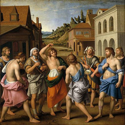 Renaissance painting of Jesus, half-naked, with six men and women in classical attire, in a rustic village, gesturing and reacting.