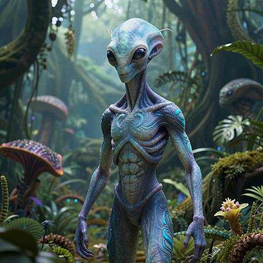 Digital CGI of an alien with blue, textured skin, large eyes, and humanoid musculature standing in a lush, enchanted forest with glowing mushrooms and