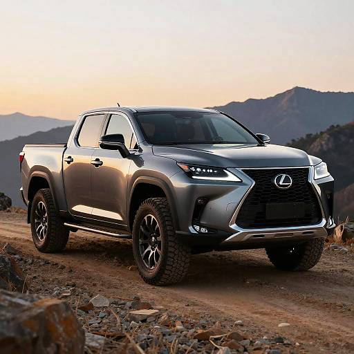 Photograph of a sleek, silver Isuzu D-Max pickup truck on a rocky, mountainous dirt road at sunset. The truck's headlights and