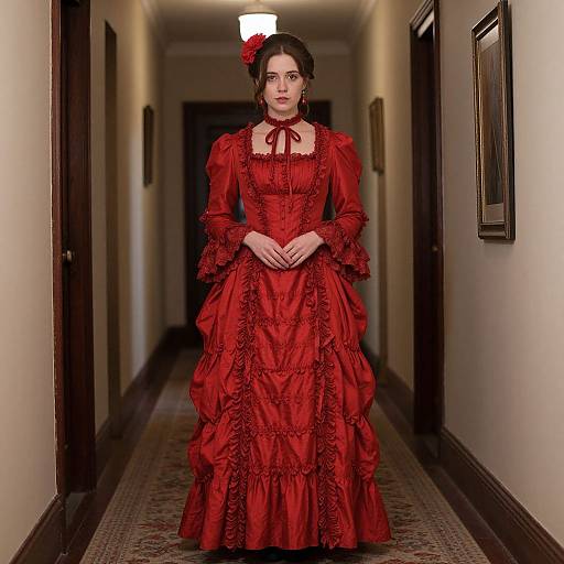 Photograph of a pale-skinned woman in a red, Victorian-style, ruffled gown with lace trim and a red ribbon, standing in a dim