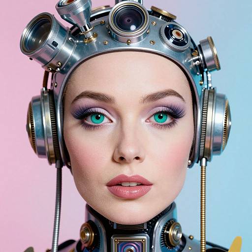 Photorealistic digital portrait of a fair-skinned woman with teal eyes, wearing steampunk goggles and metallic headgear, against a gradient pink-blue