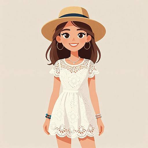 Digital illustration of a smiling young woman with brown hair, wearing a white lace dress, straw hat, and hoop earrings.