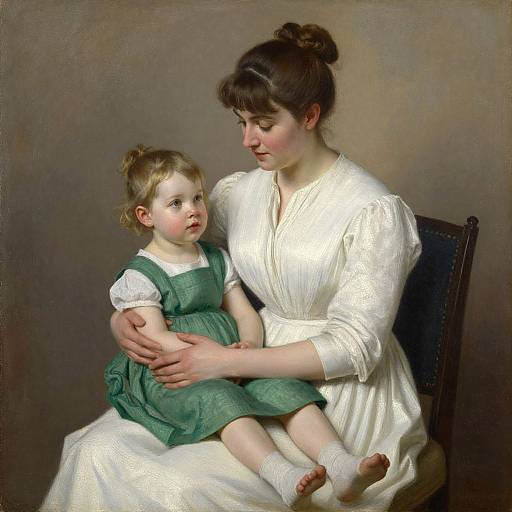 Photorealistic painting of a maternal woman in a white dress, gently holding a blonde toddler in a green dress, against a brown background.