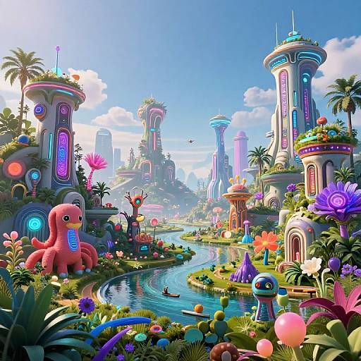 Vibrant, futuristic CGI landscape with glowing neon towers, colorful flowers, a pink octopus-like creature, and a winding river under a bright blue