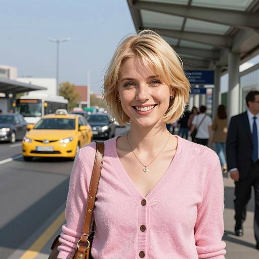 Smiling Blonde Woman at Bus Terminal