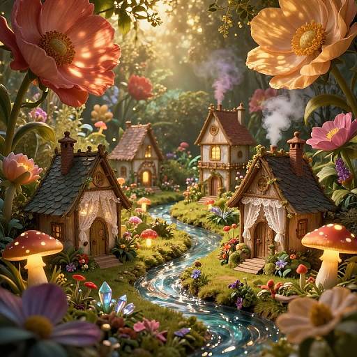 Whimsical digital artwork of fairy-tale houses with glowing windows, surrounded by vibrant flowers, glowing mushrooms, and a winding stream in a magical forest