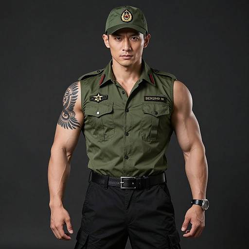 Muscular Asian Man in Military Cosplay