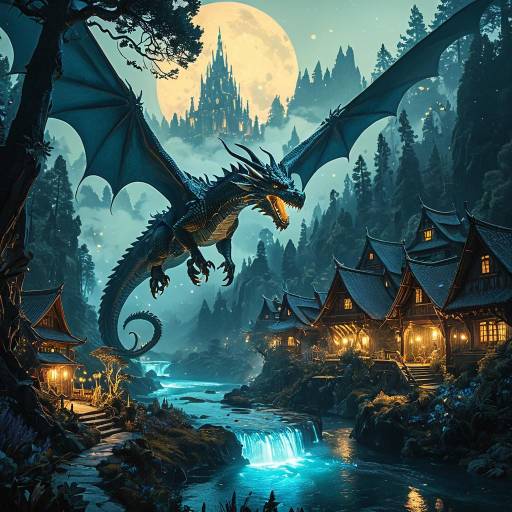 Ancient Dragon Soaring Above Enchanted Village Ancient Dragon Soaring Above Enchanted Village