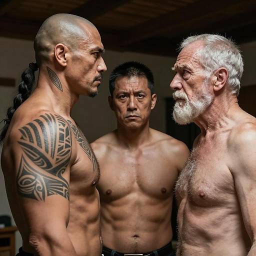 Dramatic Scene of Three Shirtless Men