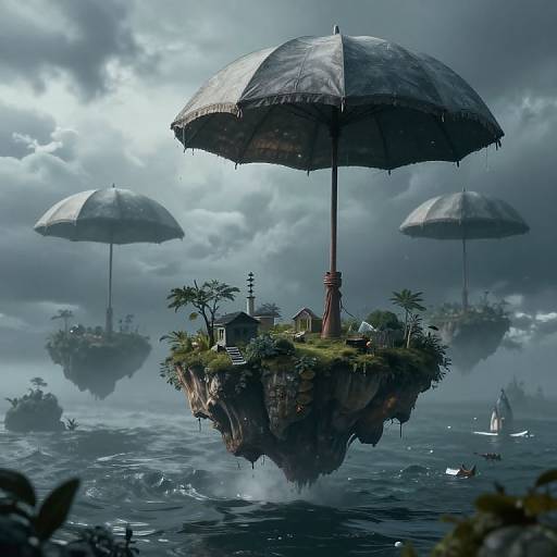 Fantastical CGI image: Floating islands with parasols, lush greenery, small houses, and palm trees, surrounded by turbulent blue ocean under dramatic