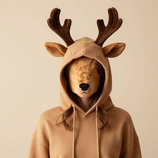 Photograph of a person wearing a beige hoodie with deer antlers and ears, obscuring their face with a deer mask, against a plain white background
