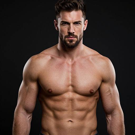 Photograph of a muscular, shirtless, bearded man with dark hair, defined abs, and strong arms, standing against a black background.