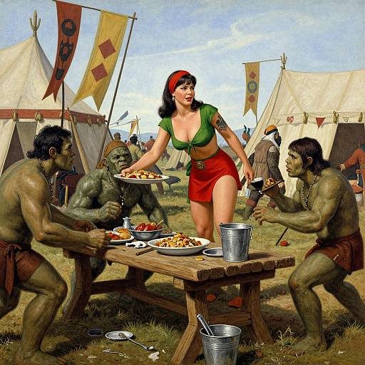Digital painting of a red-haired woman in green top and red shorts serving food to green-skinned, muscular orcs at a campsite with tents and