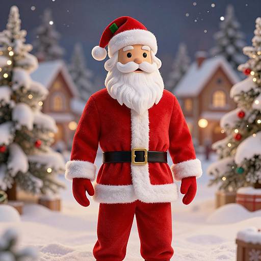 Photorealistic digital image of a smiling Santa Claus in red suit, black belt, white trim, standing in snowy, festive village.
