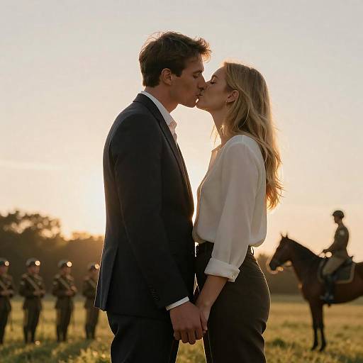 Couple Kissing at Sunset with Soldiers in Background