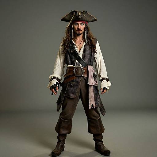 Photograph of a man dressed as a pirate, wearing a tricorn hat, white shirt, black vest, brown pants, and belt, standing against