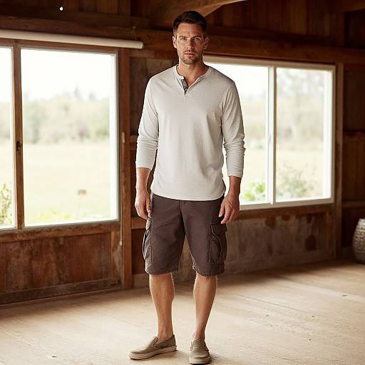 Photograph of a bearded man with short dark hair, wearing a white long-sleeve shirt, dark cargo shorts, and beige shoes, standing