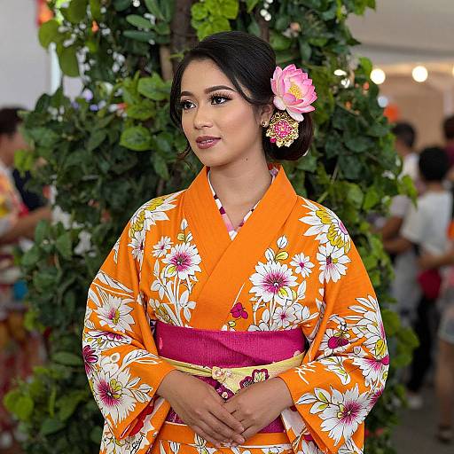 Woman in Vibrant Orange Bingata Kimono