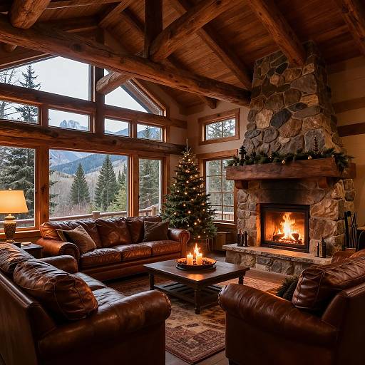 Cozy wooden cabin living room with roaring fireplace, leather sofas, Christmas tree, large windows, wooden ceiling beams, and warm lighting.