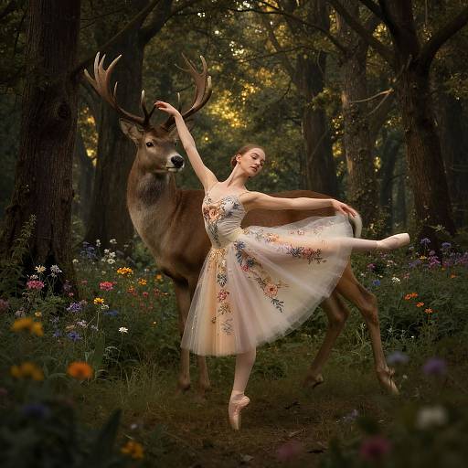 Photograph of a ballerina in a floral tutu, en pointe, gracefully posing beside a majestic deer in a sunlit forest clearing with