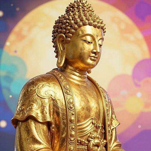 Golden Buddha statue with closed eyes, intricate robes, and curly hair, set against a vibrant, glowing full moon background.