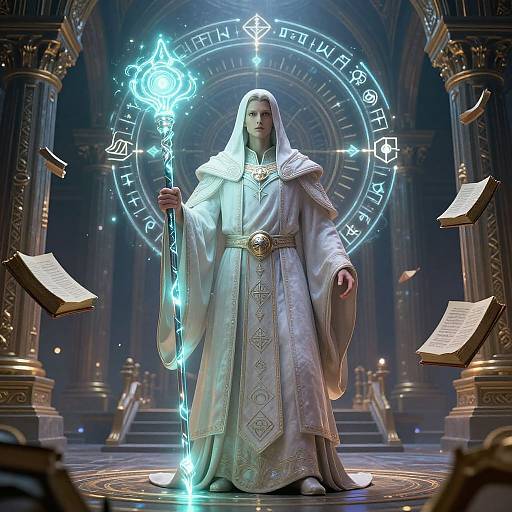 Digital art of a white-robed, white-haired, glowing-eyed sorceress holding a magical staff, standing in a grand, illuminated cathedral with circular