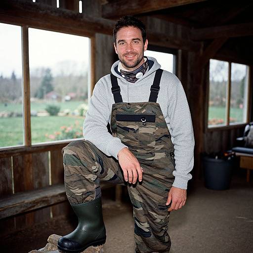 Photograph of a bearded man with fair skin, wearing camouflage overalls, black boots, and a white sweater, standing in a rustic wooden barn