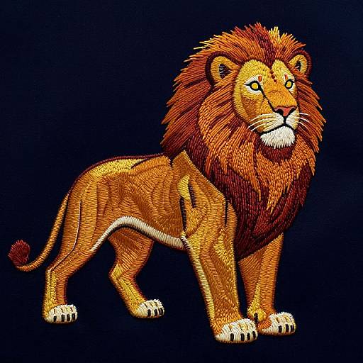 Digital illustration of a majestic lion with a vibrant, textured orange and brown mane, standing confidently on a dark blue background.
