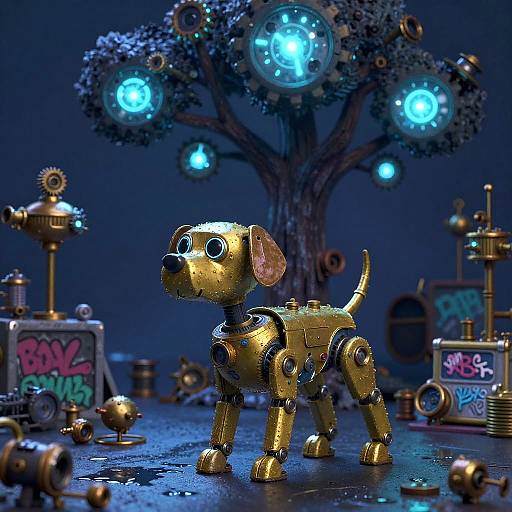 Steampunk Robot Dog Under Bioluminescent Tree