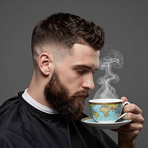 Photograph of a bearded man with short dark hair, wearing a black barber's cape, sipping from a steaming, globe-patterned te