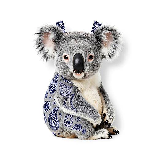 Photograph of an adorable, grey and white koala with blue patterned fur, large black nose, and fluffy ears, sitting against a white background