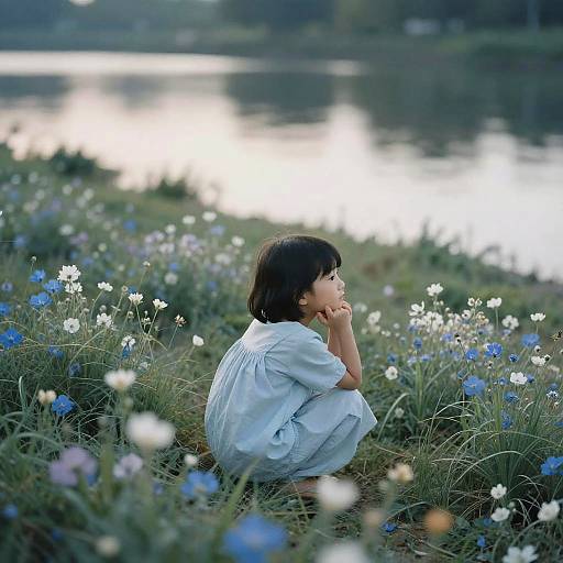 Dreamlike Child in Flower Field