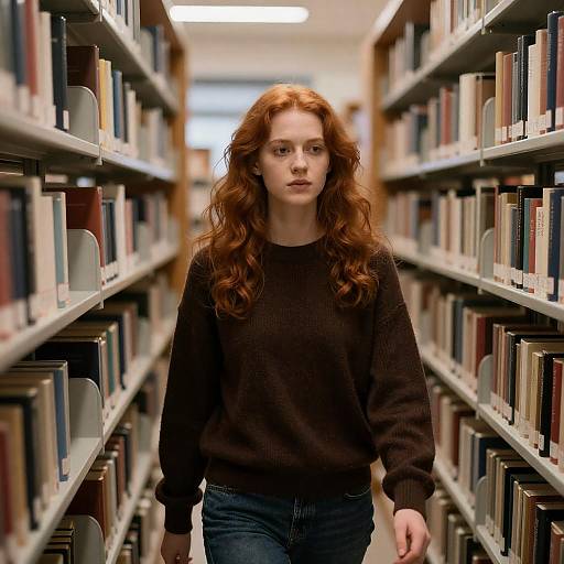 Focused Redhead in Dim Library Aisle