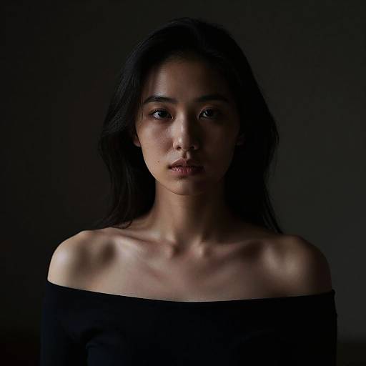 Photograph of a young Asian woman with long black hair, dark eyes, and pale skin, wearing an off-shoulder black top, against a