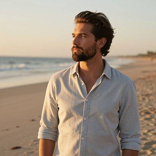 Serene Bearded Man at Sunset Beach