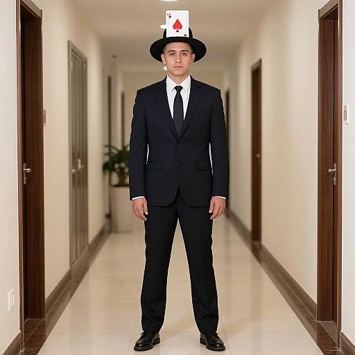 Photograph of a young man in a black suit, white shirt, black tie, and black top hat with a playing card on top, standing in