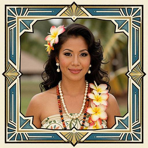 Photograph of a smiling South Asian woman with dark wavy hair, adorned with orange and yellow flowers, wearing a beaded necklace, pearls, and