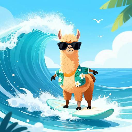 Cheerful Llama Surfing Tropical Waves