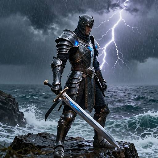 Photorealistic digital art: Stormy seascape, armored knight with glowing blue accents, standing on rocky shore, holding sword, lightning bolt illuminating