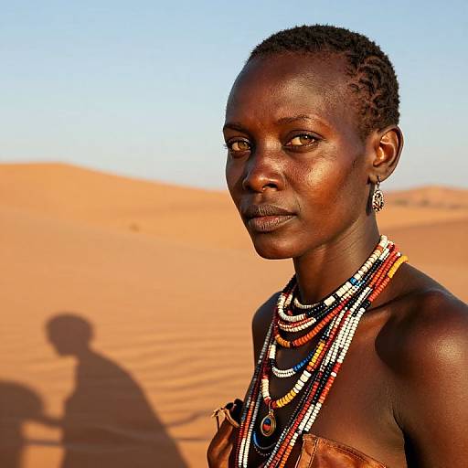 Photograph of a dark-skinned African woman with braided hair, adorned with colorful beaded necklaces, standing in a sunny, desert sand d