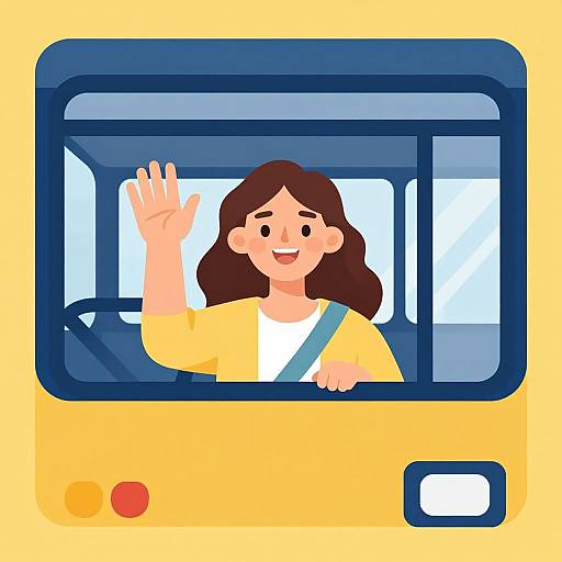 Digital illustration of a smiling woman with brown hair, wearing a yellow shirt and white top, waving from inside a yellow bus.